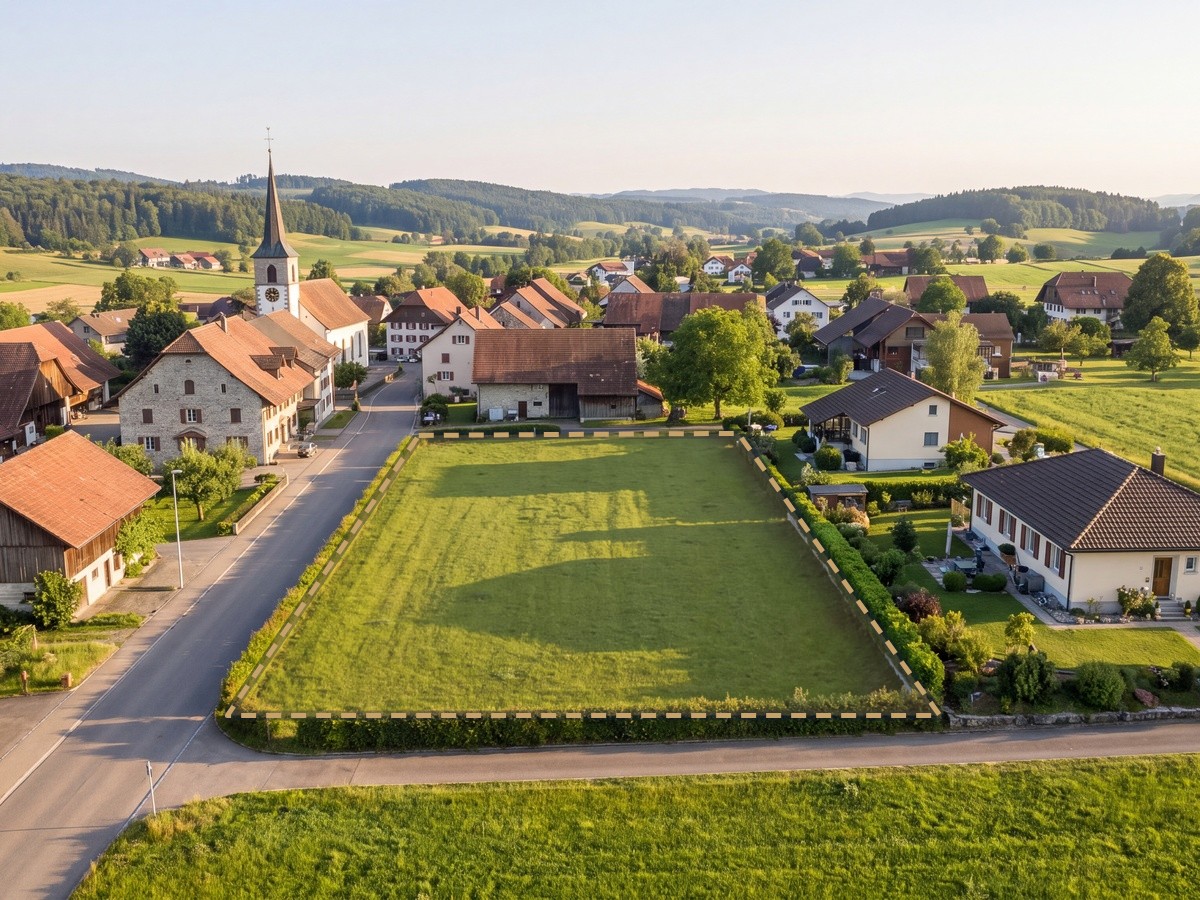 Bauland-Parzelle in einem Schweizer Dorf, markiert